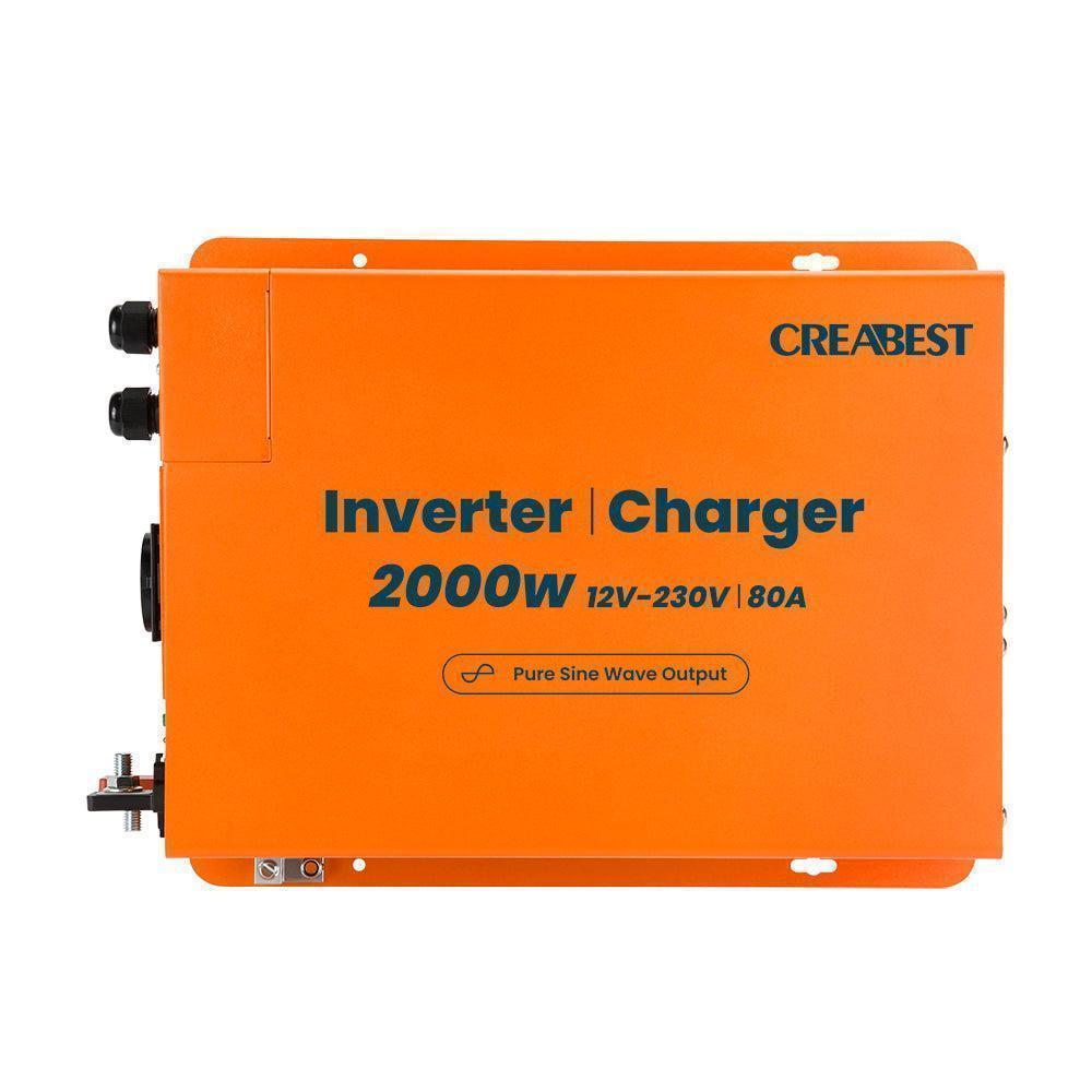 CREABEST 2000W Convertisseur 12V 220V Pur Sinus pour Camping Car, Caravane, avec Chargeur 80A,  RCD, MPS, ASI, R10, Câble-convertisseur 35 mm²