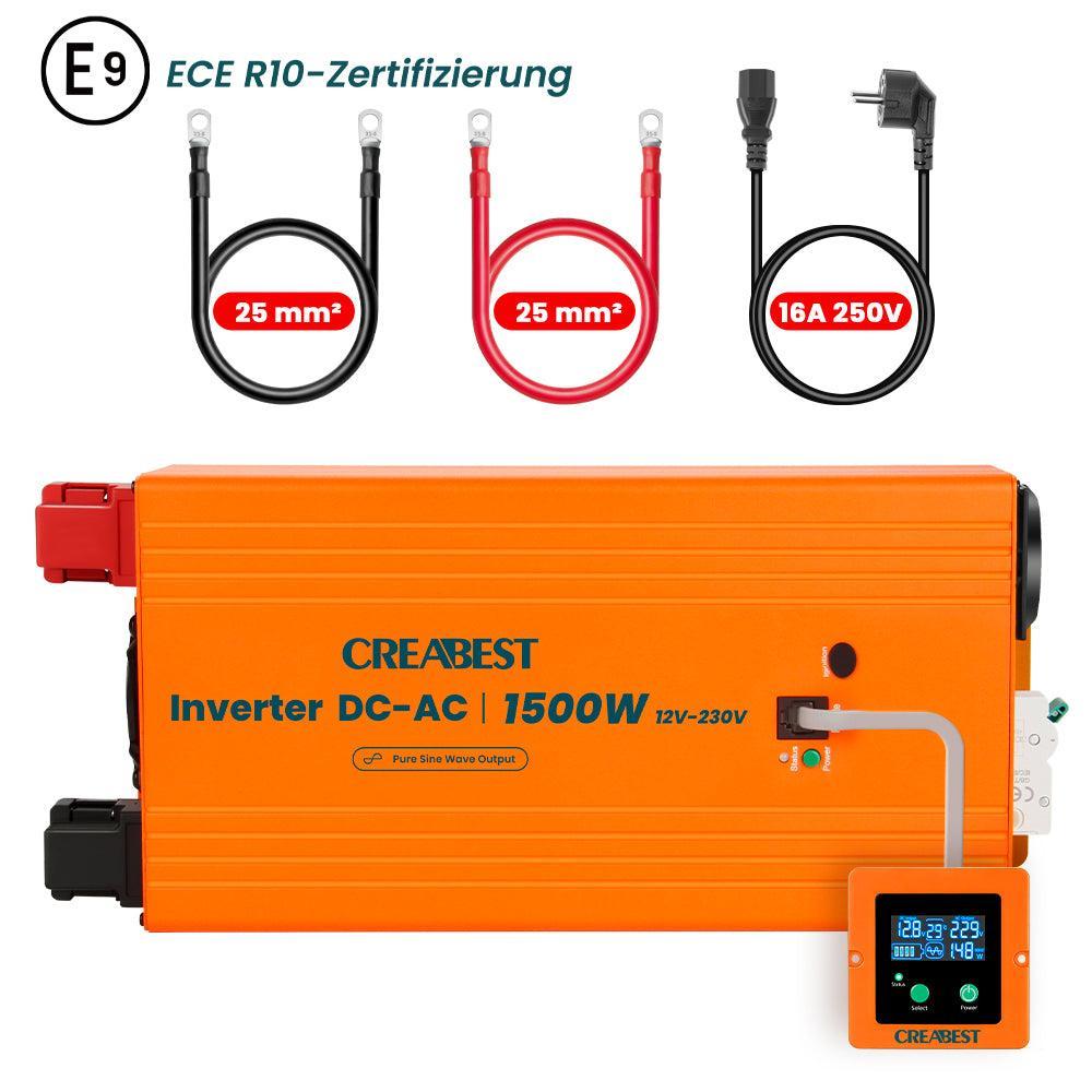 CREABEST 1500W Convertisseur 12V 220V Pur Sinus pour Camping Car, Caravane, Avec RCD, MPS, ASI, R10, Câble-convertisseur 25 mm² & Câble AC