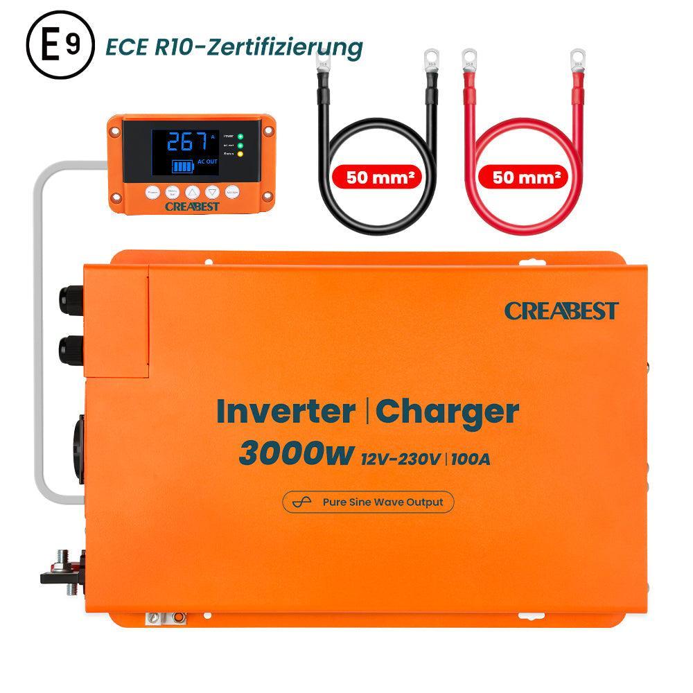 CREABEST 3000W Convertisseur 12V 220V Pur Sinus pour Camping Car, Caravane, avec Chargeur 100A, RCD, MPS, ASI, R10, Câble-convertisseur 50 mm²
