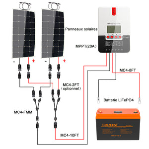 Kit Panneau Solaire Souple 200W pour Camping-car, Caravane, Bateau avec batterie LiFePO4