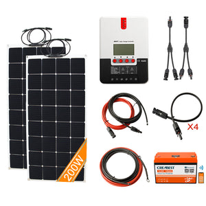 Kit Panneau Solaire Souple 200W pour Camping-car, Caravane, Bateau avec batterie LiFePO4